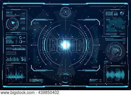 Hud Spaceship Or Shuttle Aircraft Digital Screen Interface, Vector Ui Or Gui Of Sci Fi Space Game. H