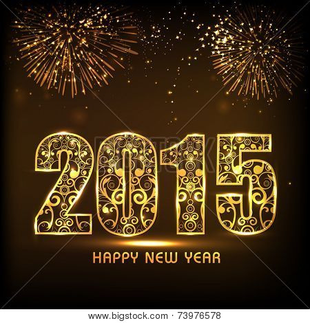 Floral design decorated golden text 2015 on fireworks decorated brown background for Happy New Year 2015 celebrations. 