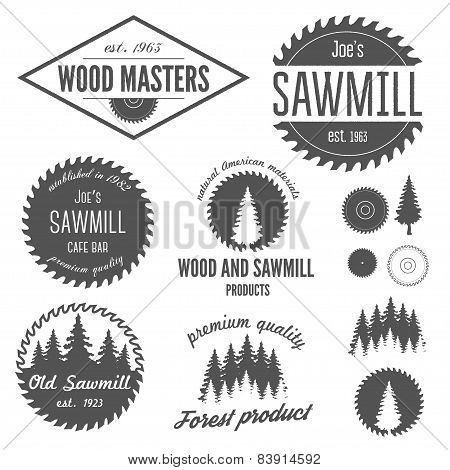 Set of logo, labels, badges and logotype elements for sawmill, carpentry and woodworkers