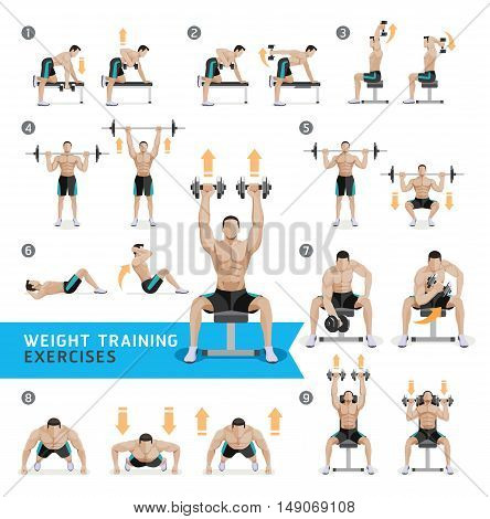 Dumbbell Exercises and Workouts WEIGHT TRAINING. Vector Illustration.