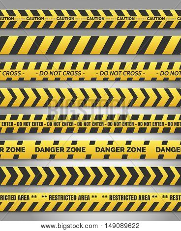 Caution tape set. Vector yellow plastic warning caution tapes for accident scene