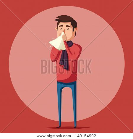 Sick man. Unhappy character. Vector cartoon illustration. Man with handkerchief in hand. Season allergy