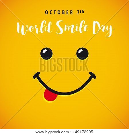 Smile with tongue and lettering World Smile Day on yellow background. World Smile Day banner