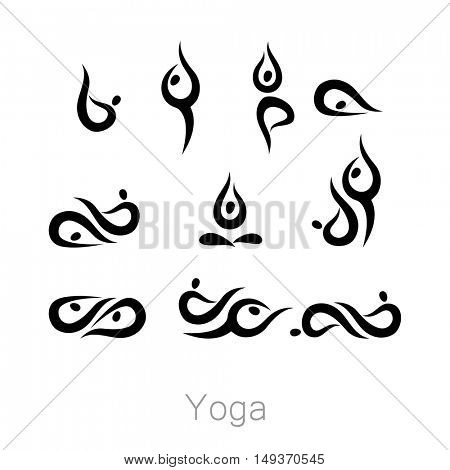 Set with various poses of yoga. Yoga exercises.  Design for Yoga class, yoga center, yoga studio, yoga logo. Vector set of yoga illustration.
