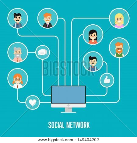 Social networking concept. Social media and social network people connecting. Social media network infographics with people and their social network. Community of social network people vector illustration. Social media people. Social network map. Teamwork