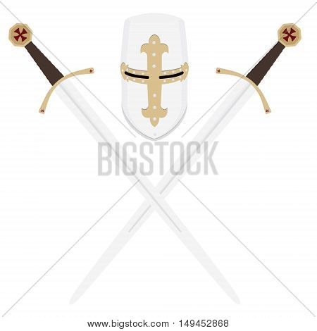 Vector illustration medieval templar knight helmet and two crossed swords. Metallic crusader armor. Medieval weapon