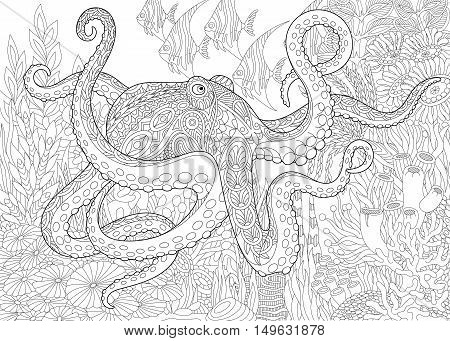 Stylized composition of octopus (poulpe) tropical fish underwater seaweed and corals. Freehand sketch for adult anti stress coloring book page with doodle and zentangle elements.