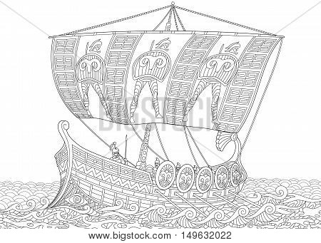 Stylized ancient greek galley (warship) with mast sail oars and warriors with spears and shields. Freehand sketch for adult anti stress coloring book page with doodle and zentangle elements.