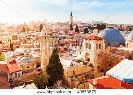 Old City of Jerusalem with the aerial view. View of the Church of the Holy Sepulchre, Israel.