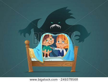 Pair Of Scared Children Sitting On Bed And Hiding From Frightening Ghost Under Blanket. Fearful Kids