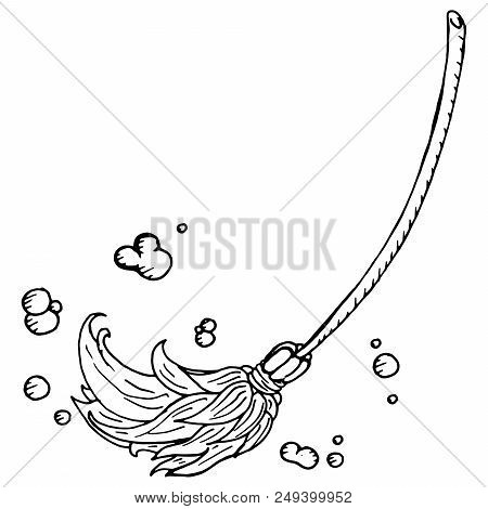 Broom, A Mop And Dust. Vector Illustration Of An Icon, A Mop Logo, A Broom. Hand Drawn Broom, A Mop 