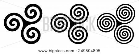 Three Black Celtic Triskelion Spirals Over White. Triple Spirals With Two, Three And Four Turns. Mot