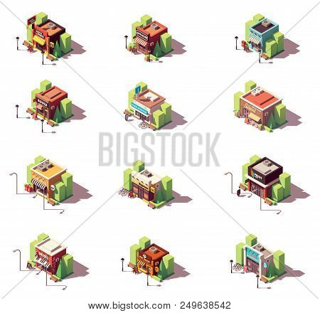 Vector Isometric Shop And Stores Icon Set. Includes Auto Parts Shop, Antique And Souvenir Gift Shops