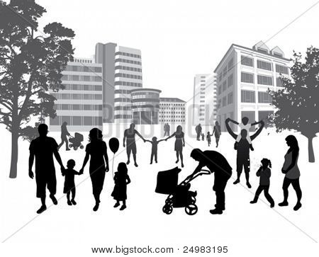 Families walking in the town. Lifestyle ,urban background.