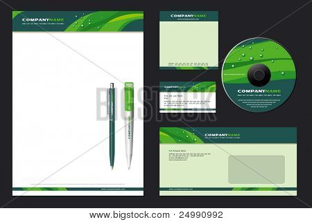 Корпоративной идентичности шаблон вектор с зеленым фоном - заглушка, карты, перо, cd, бумага, конвертов