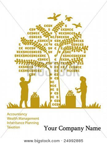 Vector Golden Money Tree & Currency Fruit Picking (Cover, Advert or Page Illustration)