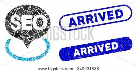 Mosaic Seo Geotargeting And Corroded Stamp Seals With Arrived Phrase. Mosaic Vector Seo Geotargeting