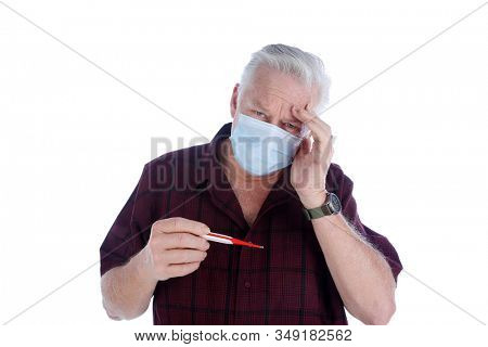 Coronavirus. 2019 Novel Coronavirus (2019-nCoV), Wuhan, China.
A man with Coronavirus reads his temperature on a thermometer. Isolated on white. Room for text. Clipping Path.   