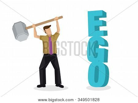 Businessman Fighting His Own Ego By Destroying A 3d Text Of Ego Block When Finding A Way To Success.