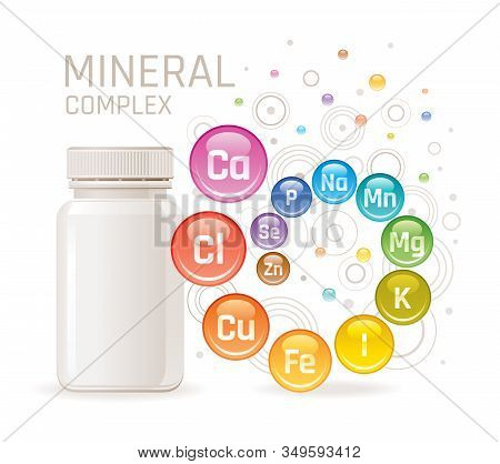 Multi Mineral Vitamin Complex Supplement. 3d Mockup With Empty Bottle Minerals. Calcium Iron Zinc Se