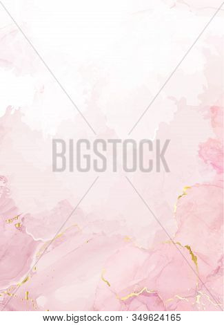 Blush Pink Watercolor Fluid Painting Vector Design Card. Dusty Rose And Golden Marble Geode Frame. S