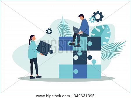 Business teamwork concept. Team metaphor. Business teamwork people connecting puzzle elements. Vector teamwork business illustration, business flat design style. Symbol of teamwork, business, cooperation, partnership.