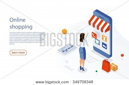 Online Shopping Ecommerce 24 Hours Customer Support Service. Woman Shop Online Using Smartphone. E-s