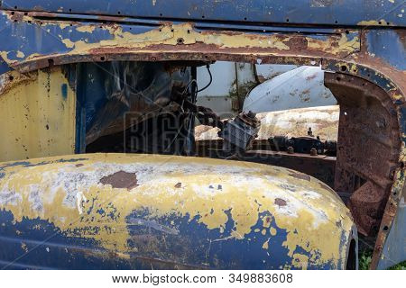 Parts Of Old Abandoned Rusty Vehicles, Crushed Cars In Scrapyard, Junk Yard Needed To Be Utilised An