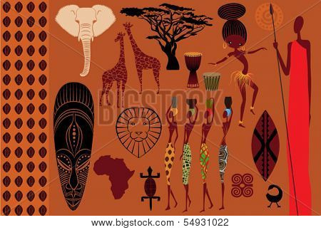 Africa: Icons, Symbols and Seamless Pattern - Set of Africa-themed design elements, including African mask, Masai warrior, African dancer, women, wildlife and seamless pattern