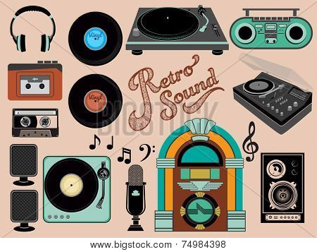 Retro Sound - Set of music-related objects and clip art, including vintage gramophones, juke box, walkman, vinyl records, retro speakers, boom box and cassette tape 