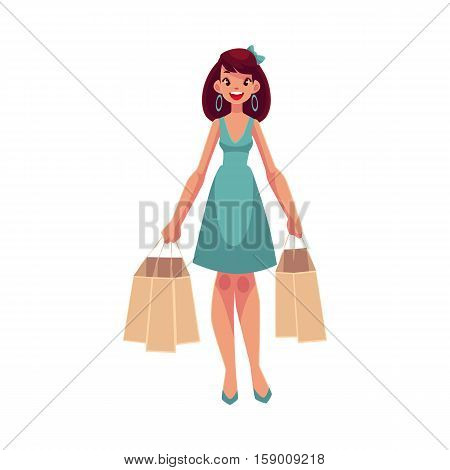 Young beautiful woman with shopping bags, cartoon vector illustration isolated on white background. Full length portrait of young pretty girl, woman doing shopping in the mall