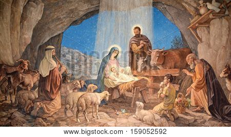 BETHLEHEM ISRAEL 26 10 16: Fresco in Shepherd Field Chapel. Has relevance for Catholics because there the first announcement of the birth of Christ is celebrated.