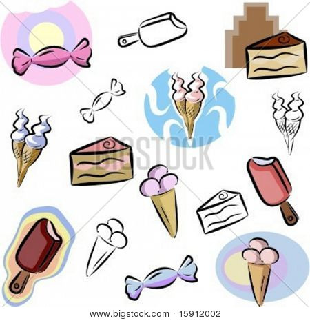 A set of vector icons of candies, ice-creams and cakes in color, and black and white renderings.