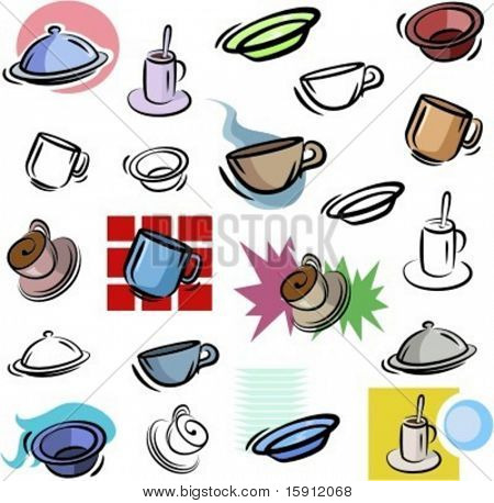 A set of vector icons of cups and dishes in color, and black and white renderings.