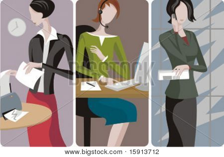 A set of 3 businesswomen vector illustrations. 1) A secretary printing. 2) A call centre operator on a computer. 3) A businesswoman  speaking on a mobile phone, and holding documents.