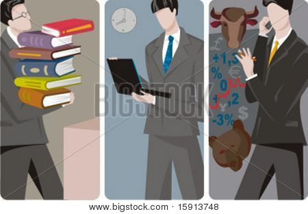 A set of 3 businessmen vector illustrations. 1) A businessman carring books Also can be used for a student. 2) A businessman working on a laptop 3) A stock market agent speaking on a mobile phone