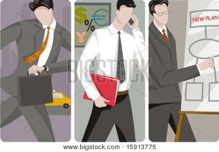 A set of 3 businessmen vector illustrations. 1) A businessman in a hurry for a business meeting 2) An investor speaking on a mobile phone and holding folders 3) A businessman making a presentation