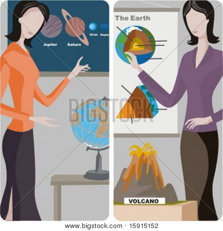 Öğretmen resimler serisi.  1) Bir sınıf bir sınıfta öğretim astronomi öğretmeni. 2) Coğrafya te
