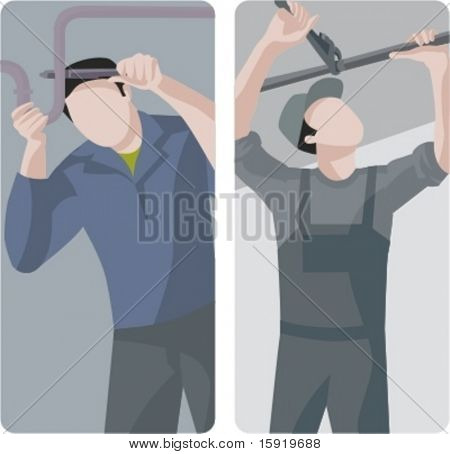 A set of 2 vector illustrations of plumbers fixing pipes.