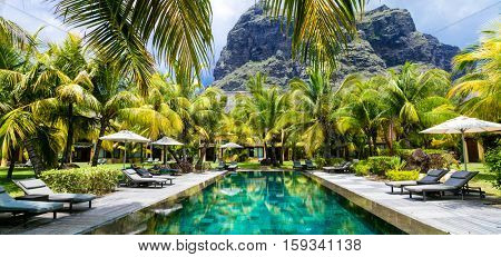 Luxury tropical vacation.Spa swimming pool, Mauritius island