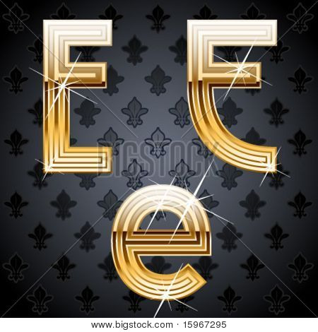 Shiny golden alphabet on a chic victorian background. Character e