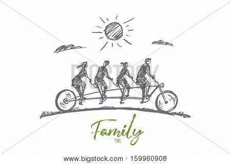 Vector hand drawn Family time concept sketch. Family consisting of four members riding one big bicycle together in summer. Lettering Family time