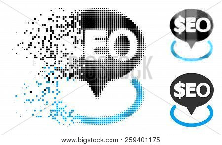 Geotargeting Seo Icon In Dissolved, Pixelated Halftone And Solid Variants. Particles Are Organized I