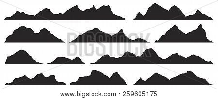 Mountains Silhouettes On The White Background. Wide Semi-detailed Panoramic Silhouettes Of Highlands