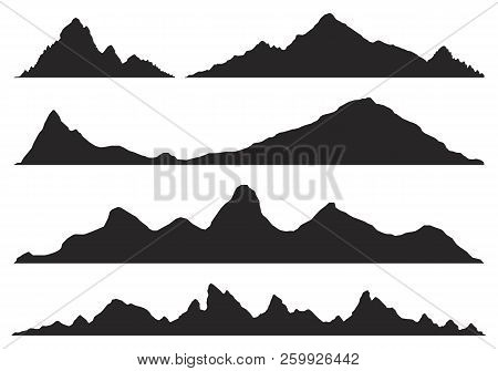 Mountains Silhouettes On The White Background. Wide Semi-detailed Panoramic Silhouettes Of Highlands