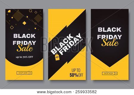 Black Friday Vertical Promotion Banner Set. Sale Banners Design Template. Yellow And Black Geometric