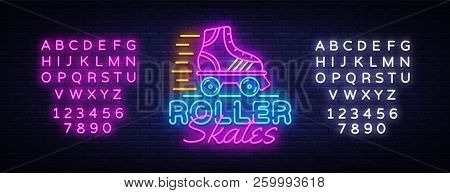 Roller Skates Neon Sign Vector. Retro Quad Roller Skates Neon Logo, Design Template, Modern Trend De