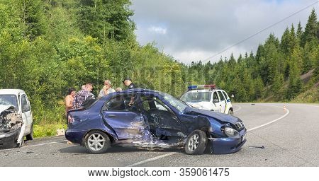 Svalyava, Ukraine. August 11, 2019: Fatal Traffic Accident. Real Event. Two Cars Crashed On The Road