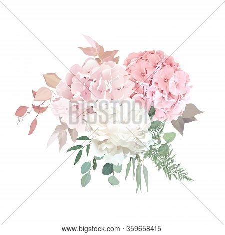 Dusty Pink Blush, White And Creamy Hydrangea, Peony Flowers Vector Design Wedding Bouquet. Eucalyptu