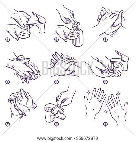 Hand Washing Instruction. Personal Hygiene Wash Your Hands Properly Step By Step, Disease Covid-19 P